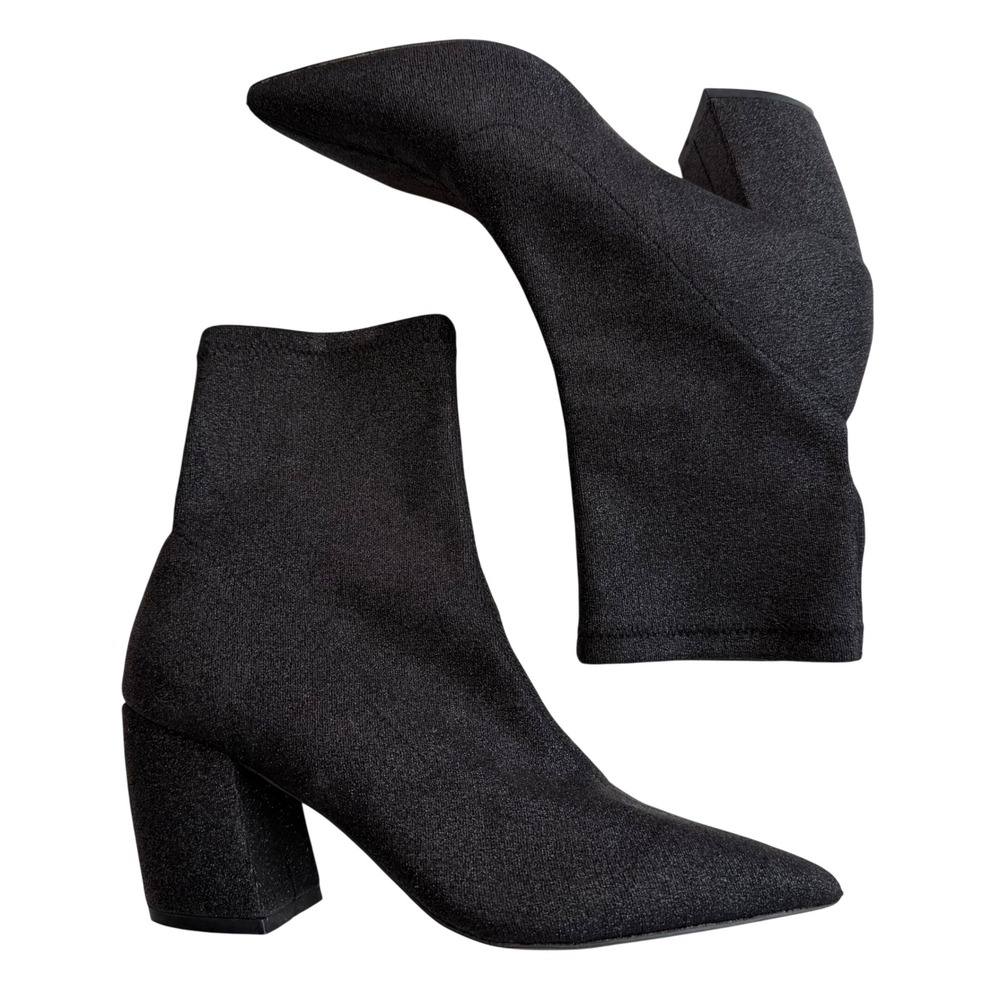 Qupid Black Glitter Sock Boot Pointed Toe Block Heel Disco Glam Night Out 8.5